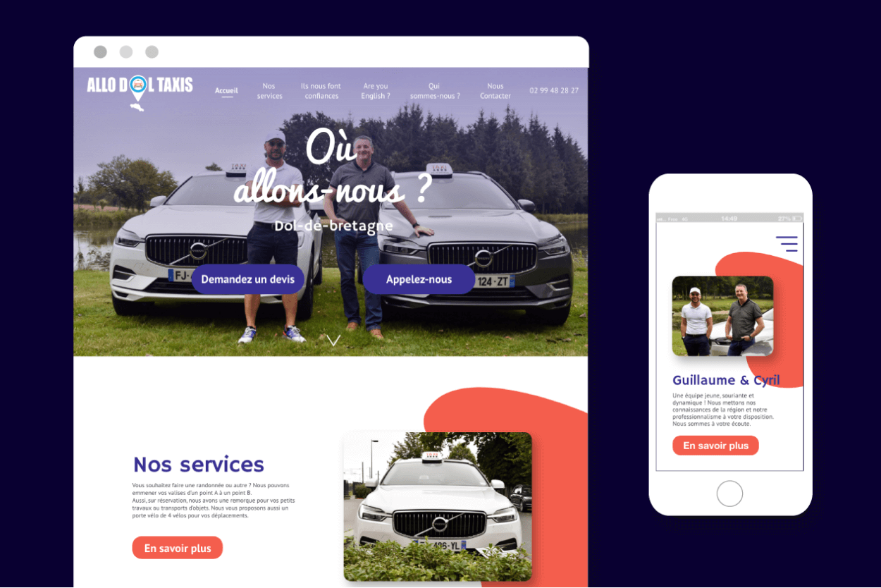 Maquettes graphiques du site web mobile et desktop Allo Dol Taxis