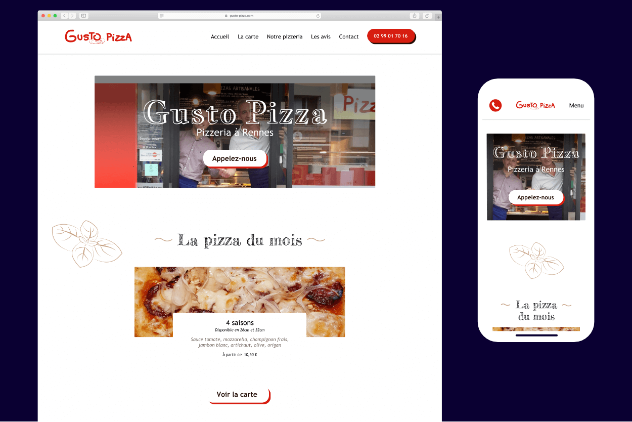 Maquettes ui-design en mobile et desktop pizzeria à Rennes