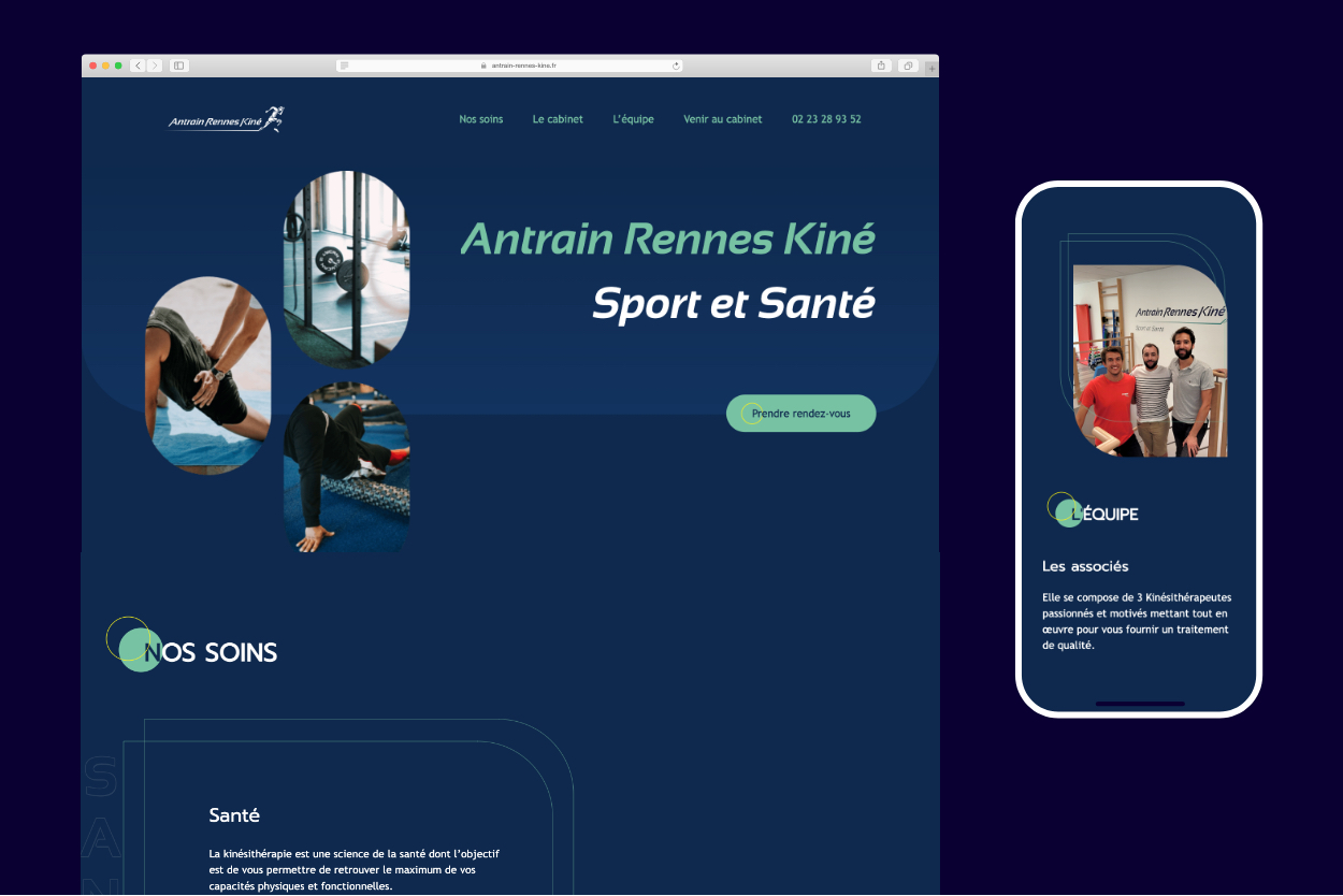 Maquettes mobile et desktop du site web d'Antrain Rennes Kinés sport et santé réalisé en éco-conception web